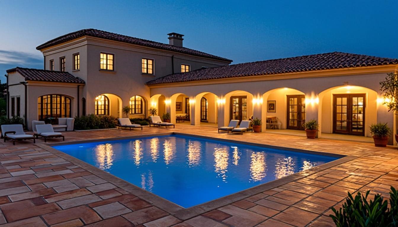 Patio de piscina con pavimento de hormigón impreso Laratlantic al atardecer